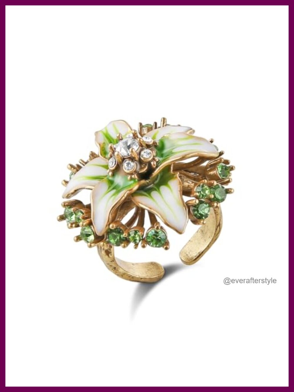 Floral Open Ring Adjustable Antique Brass Enamel Crystal Handmade Statement